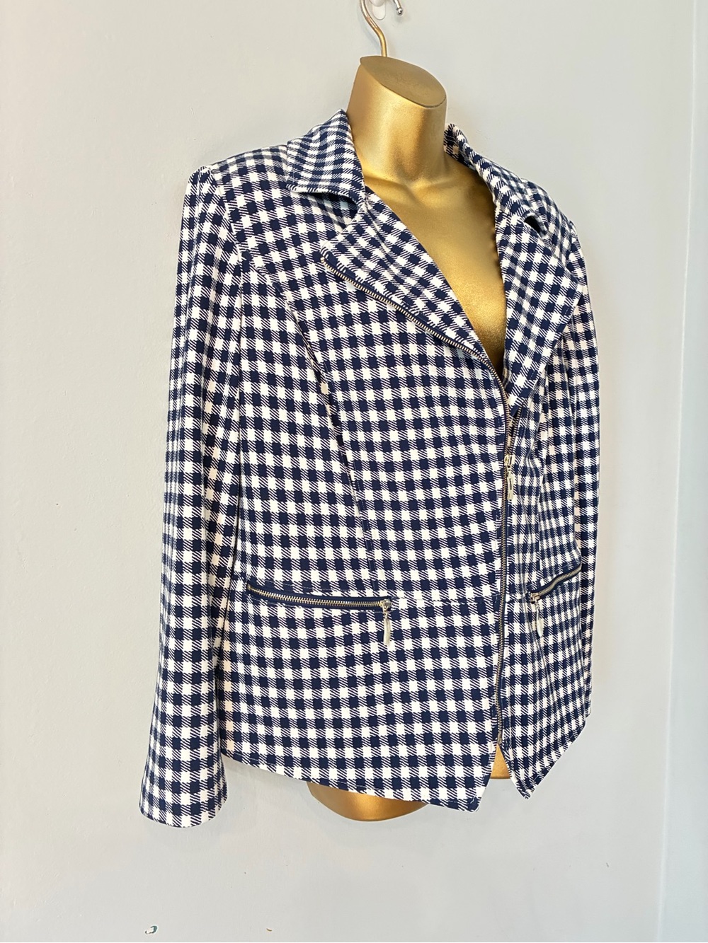 Chico’s Gingham Moto Jacket – Navy White Check Zip Blazer – Size 2 - Picture 3 of 7